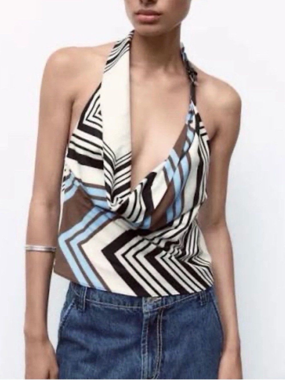 Zara Halter Cowl Neck Geometric Print Top S